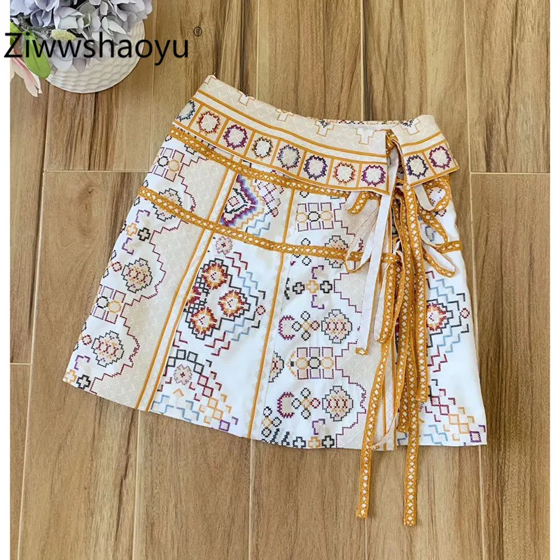 

Ziwwshaoyu Designer Brand Summer Cross Embroidery Lace up A-Line Cotton Linen A-Line High Waist Mini Skirt Women's Fashion