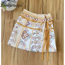Ziwwshaoyu Designer Brand Summer Cross Embroidery Lace up A-Line Cotton Linen A-Line High Waist Mini Skirt Women's Fashion