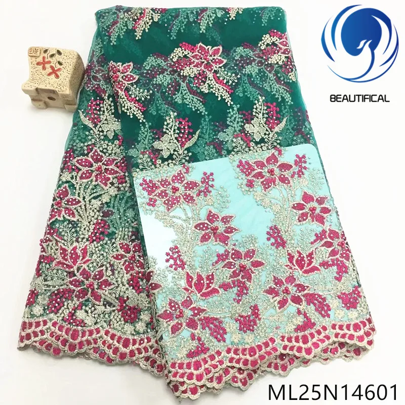 

BEAUTIFICAL african lace fabrics exquisite embroidery flowers tulle lace fabric with beads and lot stones for dress ML25N146