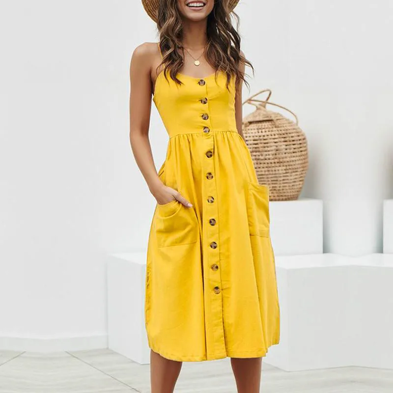 

2019 Women's Elegant Single-Breasted Dress Women Summer Pocket Strap Cotton Casual Loose Large Size Dresses