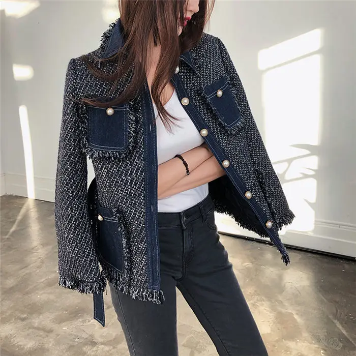 Beading Design Coat Women Autumn Fashion Denim Patchwork Lady New Multi Pocket Tassel Tweed Jacket Belted Runway Outwear f1534