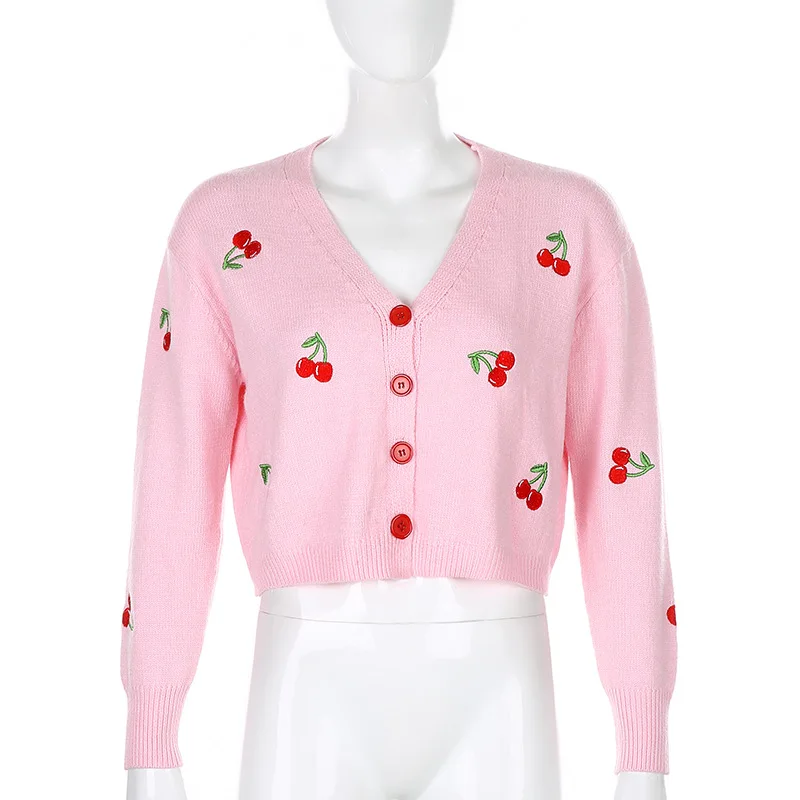 E-girl Sweet Single-breasted Cherry Embroidery Knitted Cardigans Y2K  Outfits Loosed V-neck Long Sleeve Cropped Tops Fall - AliExpress