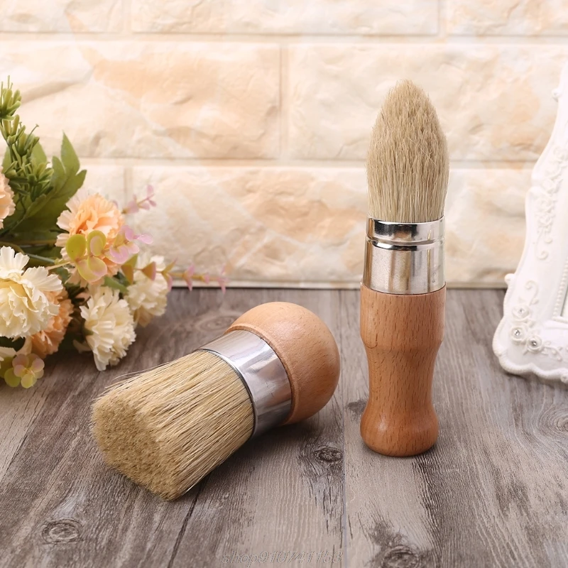 2Pcs/Set Round and Pointed Chalk Paint Wax Brush Ergonomic Handle Natural Bristle Brushes Furniture Paint A14 21