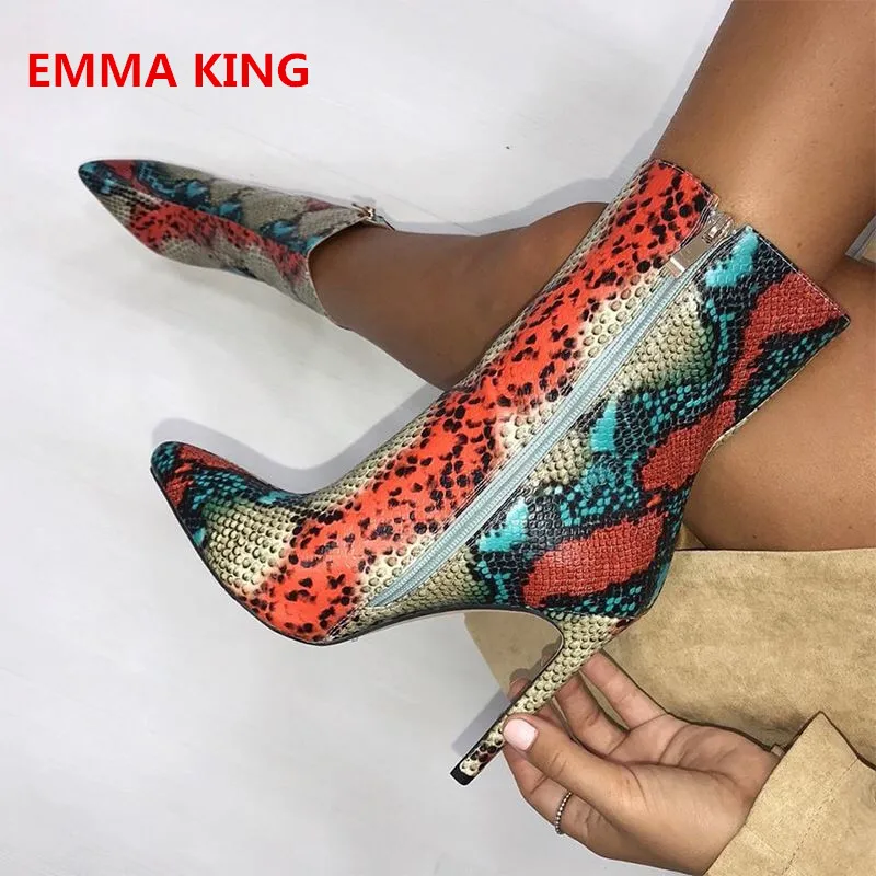 

2019 Hot Sale Snake Prints Women Mid-Calf Boots Mixed Colors Pointed Toe Square High Heels Leather Boots Side Zipper Roman Boots