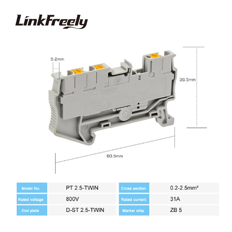 PT-2.5Twin 10 шт. плагин типа пружинная клемма для электрического провода блок разъем Din Rail 1IN 2OUT Wring соединение Terminantor