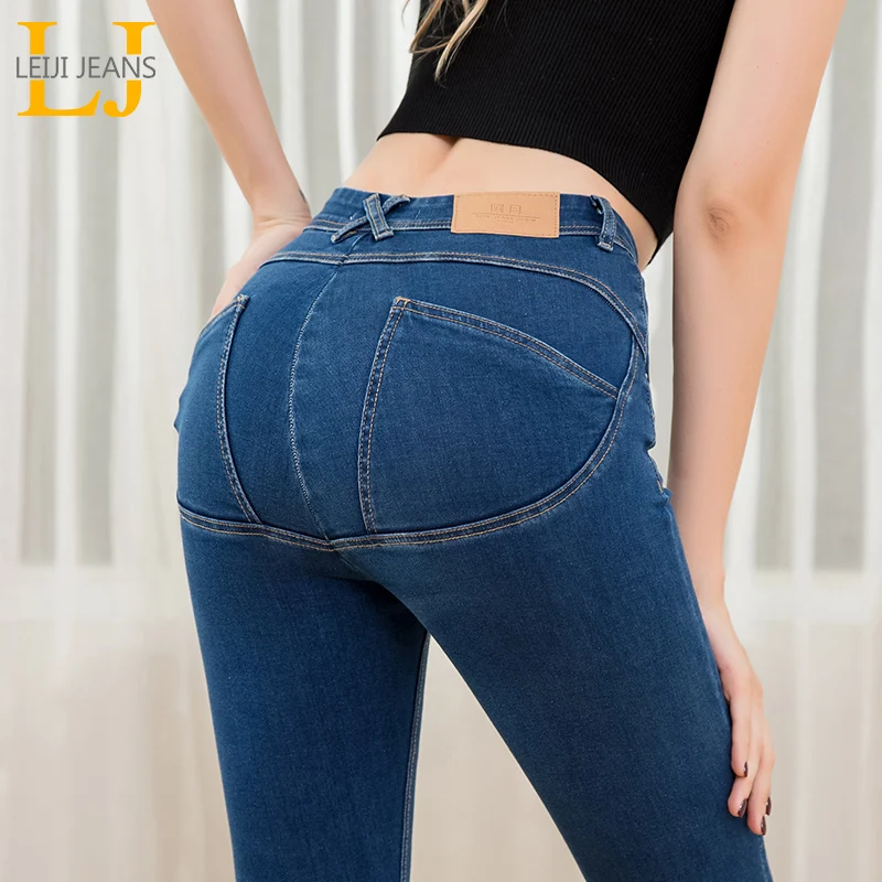 LEIJIJEANS autumn high waist bule casual feet long jeans hips classic jeans plus size push up highly stretchy women jeans