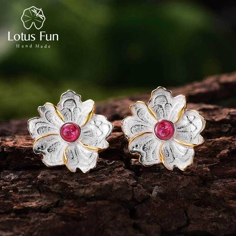 

Lotus Fun 925 Sterling Silver Red Green Natural Stone Large Flower Stud Earring Luxury Statement Jewelry Valentines Day Gifts