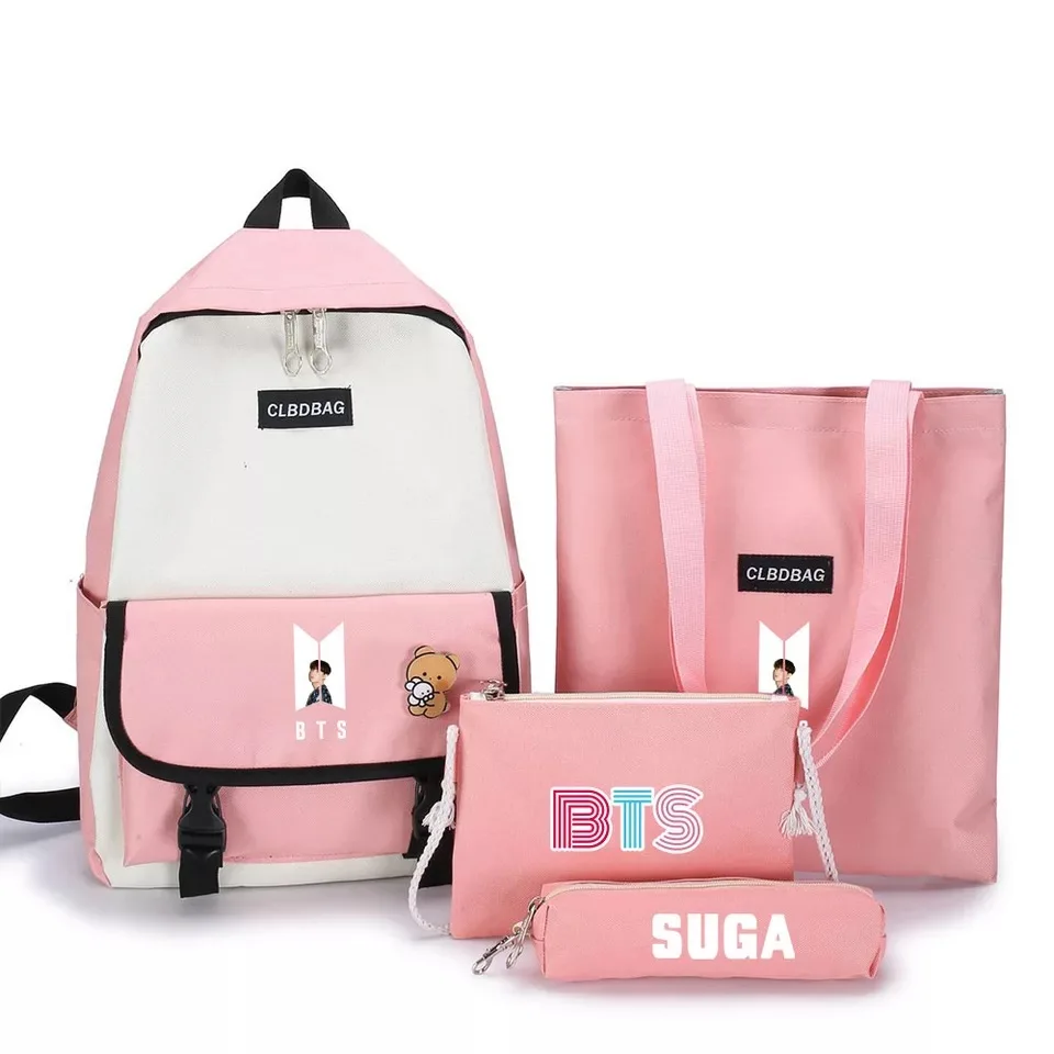 Bangtan niños mochilas 4 unids/set Unisex de colores de caramelo lona impermeable Kawaii escuela bolsos de bandolera bolsa regalo Popular kpop bolsa