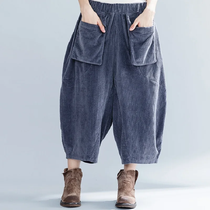 Korean Plus Size Autumn Winter Women Pants High Waist Vintage Wide Leg Pants Casual Loose Oversize Corduroy Lady Trousers Capris