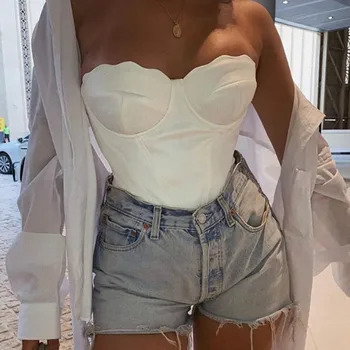

Women Teddy Sleeveless PU Bustier Summer Crop Tops for Women Sexy Backless Bralette Short Cropped Strapless Feminino Tops