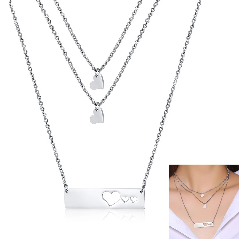 

Fashion 3 Layered Necklace for Women Simple Stainless Steel Heart-Shaped Love Clavicle Chain Female gift Jewelry