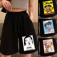 Verão feminino shorts elástico cintura alta larga perna shorts engraçado impresso casual moda cordão com bolso praia boardshorts