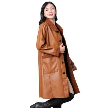 

2020 winter commuter long sleeve elegant slim leather jacket women's chaquetas mujer manteau femme hiver coat women's