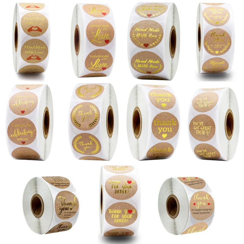 500 Labels Per Roll Round Natural Kraft Thank You Sticker Seal Labes Hand Made With Love Sticker Paper Stationery Sticker