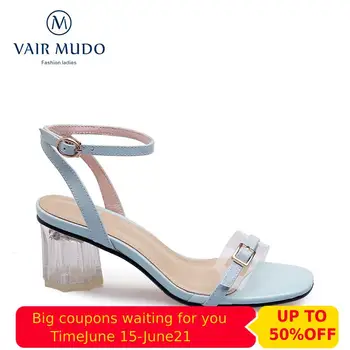 

VAIR MUDO 2020 New Women's Sandals Genuine Leather Sandals Square High Heel White Decorative Stone Line Decorative Sandals LX14L