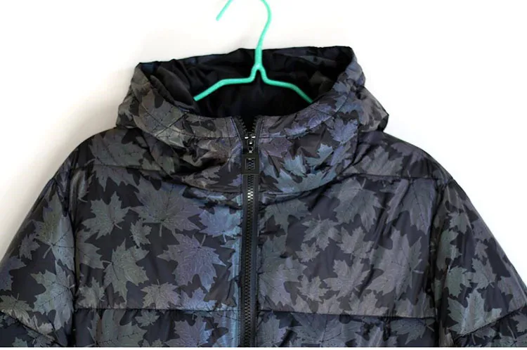 jaqueta bolsos de emenda impressão reflexiva manter quente com capuz sobretudos