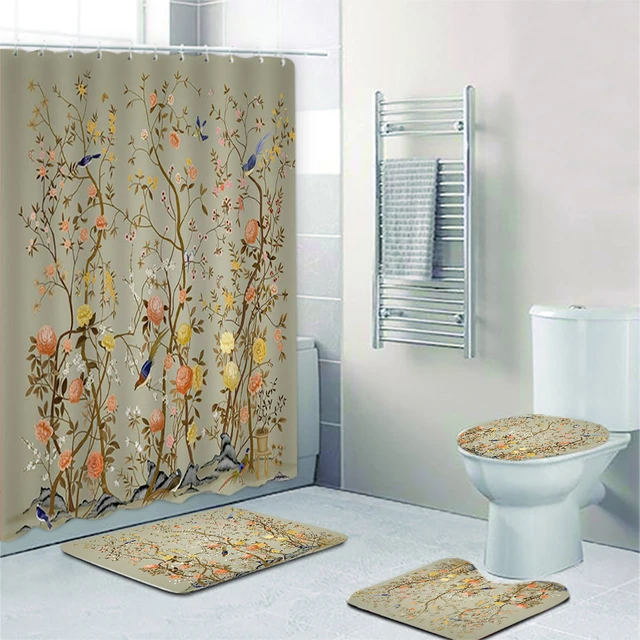 Curtain Chinoiserie, Shower Curtain Set, Bathroom Decor