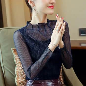 

Sexy Mesh Shiny Long Sleeve T Shirt Women Spring Transparent Club Party Blue Tee Shirts Sexy Thin Short Tops Ruffled Regular