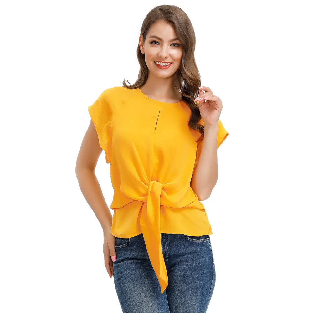 

Yellow/Ivory Women shirt Summer clothing Short Raglan Sleeve Scoop Neck Tie Details Tops elegant fashion solid color blouse lady