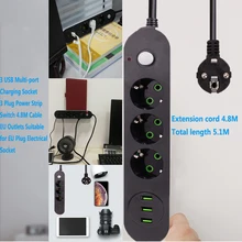 3 prises de charge USB multi-ports, 4.8M, câble ue, multiprise ue