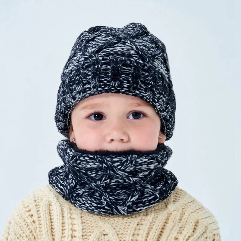 Плотный зимний детский шарф, шапка, теплый комплект для мальчиков и девочек, шапка, шарф, костюм, Вязаная хлопковая шапочка, аксессуары для малышей