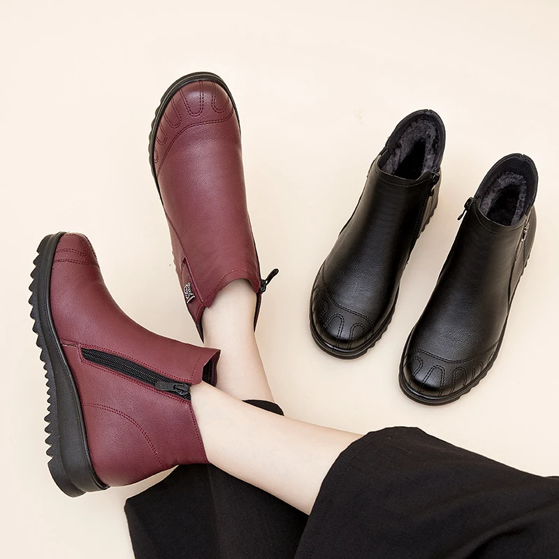 Fashion Genuine Leather Waterproof Women S Ankle Boots Female Winter Thick Plush Warm Black Snow Boots Mother Non Slip Boots Ankle Boots Aliexpress