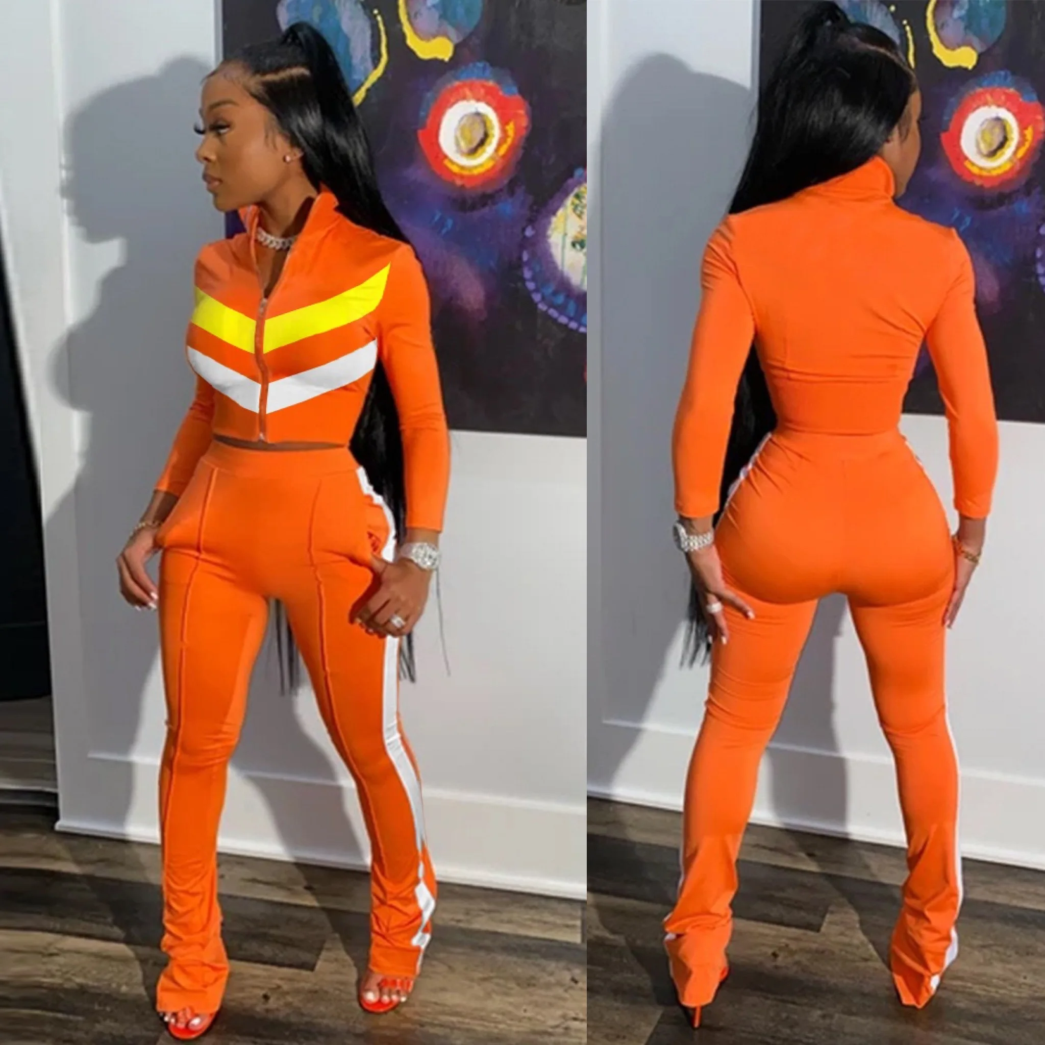 

New Women Contrast Colors Tracksuits 2020 Two Pieces Sets Sports Zipper Long Sleeves Jacket and Sweatpants Fashion Stacked Pants