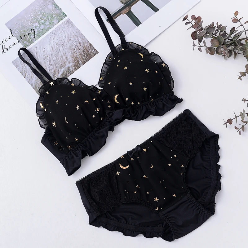 

Japanese Womens Sweet Star Print No rims Bra & Briefs Sets Lolita Bowknot Ruffle Underwear Sets Breathable Teen Girls Bra Sets