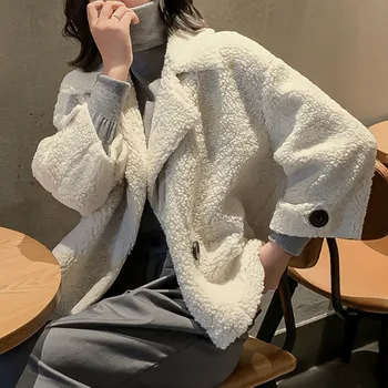 

Fashion Women Wool Blends Turn Down Collar Pocket Loose Coats Casual Ladies Loose Wool Coat Winter Jackets Female Thick Tops