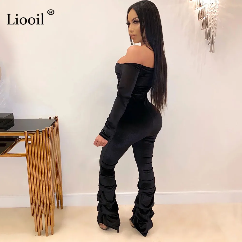 Liooil, с открытыми плечами, бархатный, с рюшами, Облегающий комбинезон, для женщин, сексуальная клубная одежда, с длинным рукавом, с v-образным вырезом, открытые, облегающие, вечерние, Клубные Комбинезоны