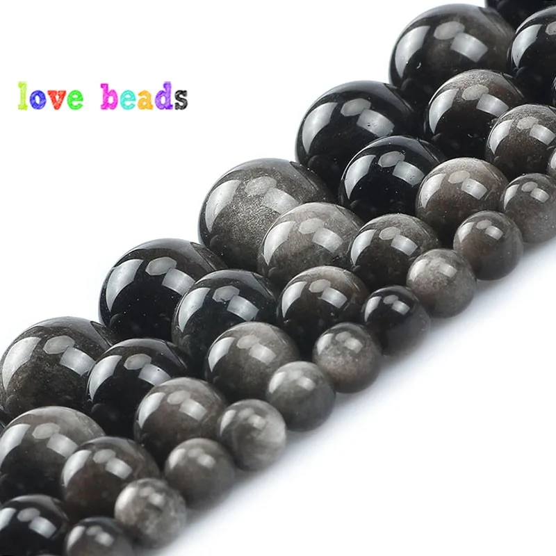 Natural Mineral Beads Silver Color Obsidian Round Loose Stone Beads for Jewelry Making DIY Bracelet Accessories 15inch 6-12mm
