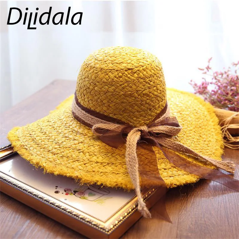 Dilidala, Панама, шляпа для женщин, японская, летняя, ручная вязка, галстук-бабочка, рафия, шляпа от солнца, утолщенная, с бахромой, модная, Солнцезащитная соломенная шляпа