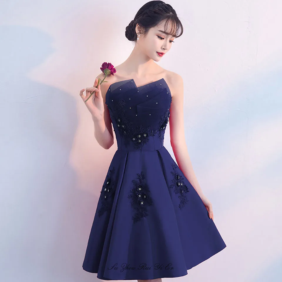 Navy Blue Короткие платья для выпускного вечера с бисером, платье для выпускного вечера без бретелек с аппликацией, кружевное сзади, ТРАПЕЦИЕВИДНОЕ атласное короткое платье, vestido de festa - Цвет: Navy Blue