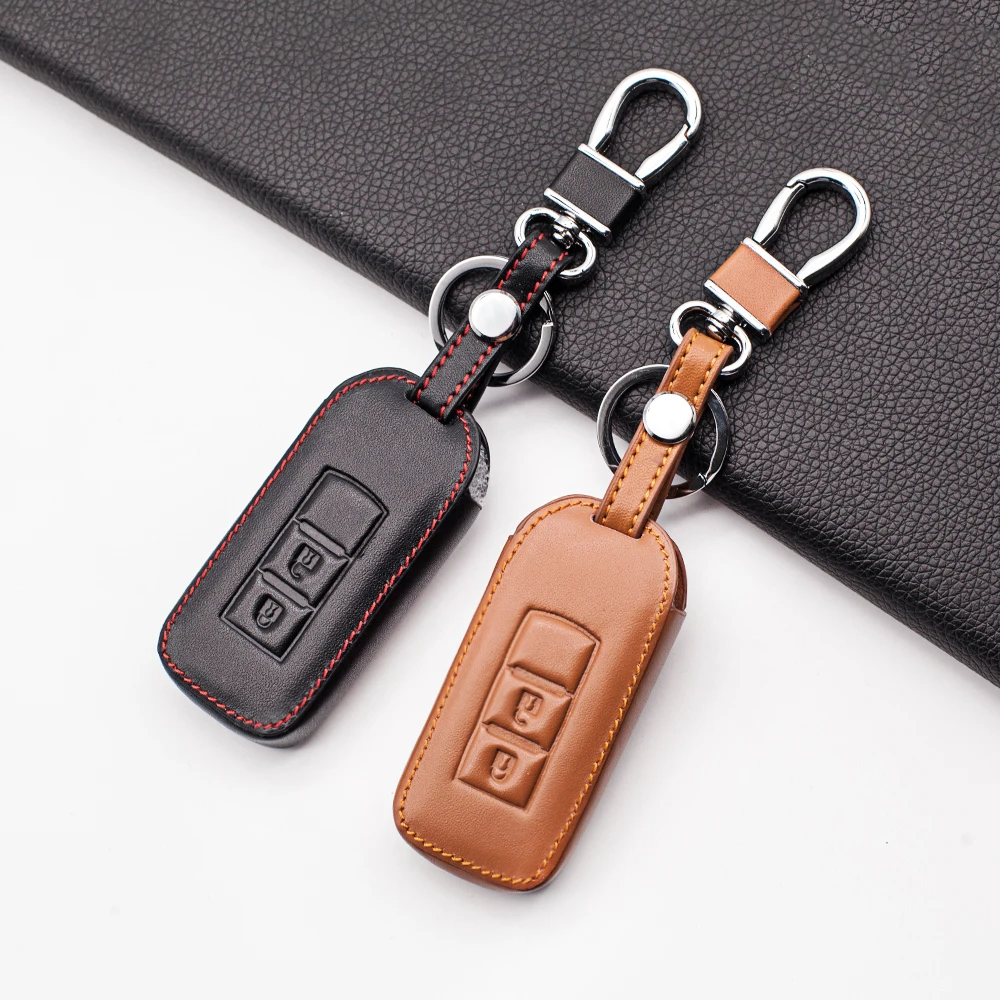 Carrying Leather Key Fob Case Cover Skin Set for Mitsubishi Outlander ASX RVR AXR Native Pajero Shogun Montero Lancer 2 Buttons |