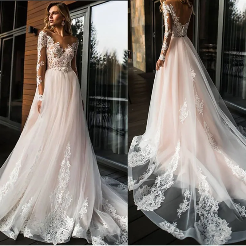 Vestido de novia белый слоновая кость Тюль свадебное платье с открытой спиной линии Свадебные платья для невесты с Длинными Рукавами Свадебное шелковое с аппликацией платья