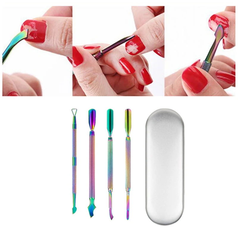 4 Pcs/Set Double-head Stainless Steel Nail Cuticle Pusher Tweezer Nail Art Files Polish Remove Manicure Care Groove Clean Tools