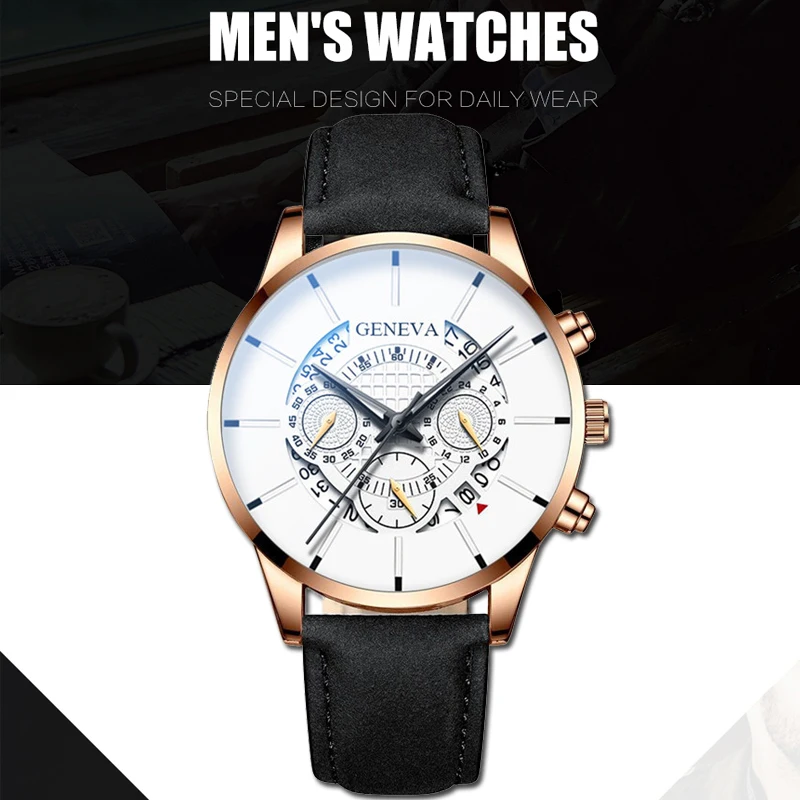 Reloj Hombre Роскошные мужские часы модные мужские Бизнес Календарь нержавеющая сталь кожаный ремешок аналоговые кварцевые повседневные мужские часы - Цвет: rose gold white
