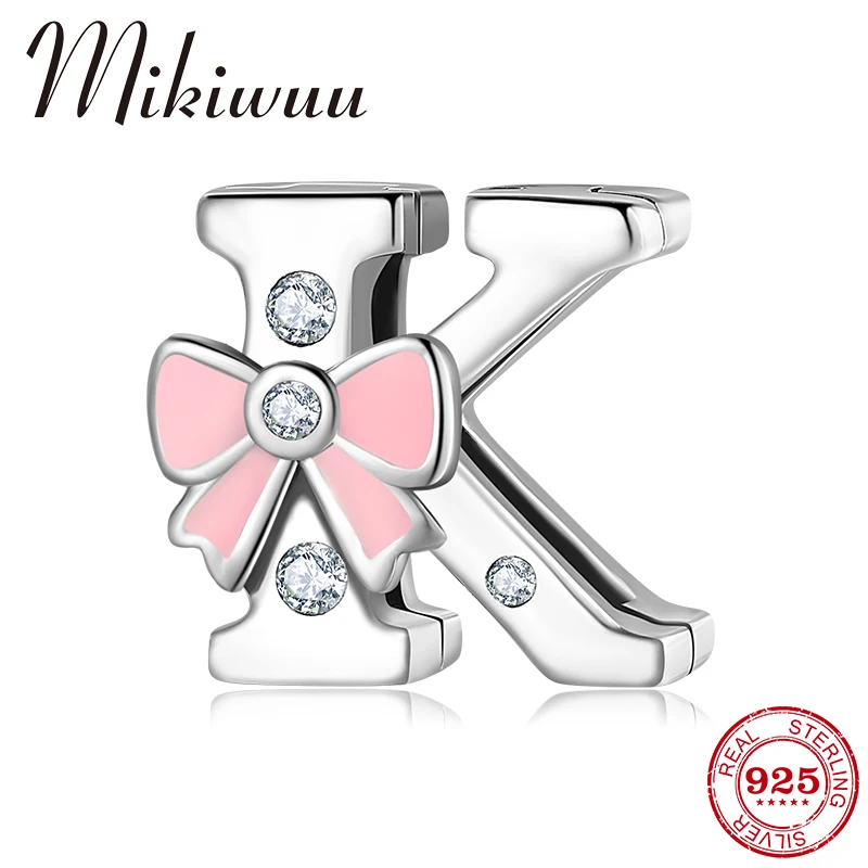 Authentic 925 Sterling Silver Letter K Clip Beads with Pink Bow CZ Fit Original Reflection Watch Bracelet Women DIY Jewelry
