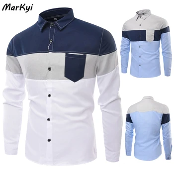 

MarKyi 2020 spring new patchwork striped asual Men Shirt camisa masculina Mens Dress Shirts