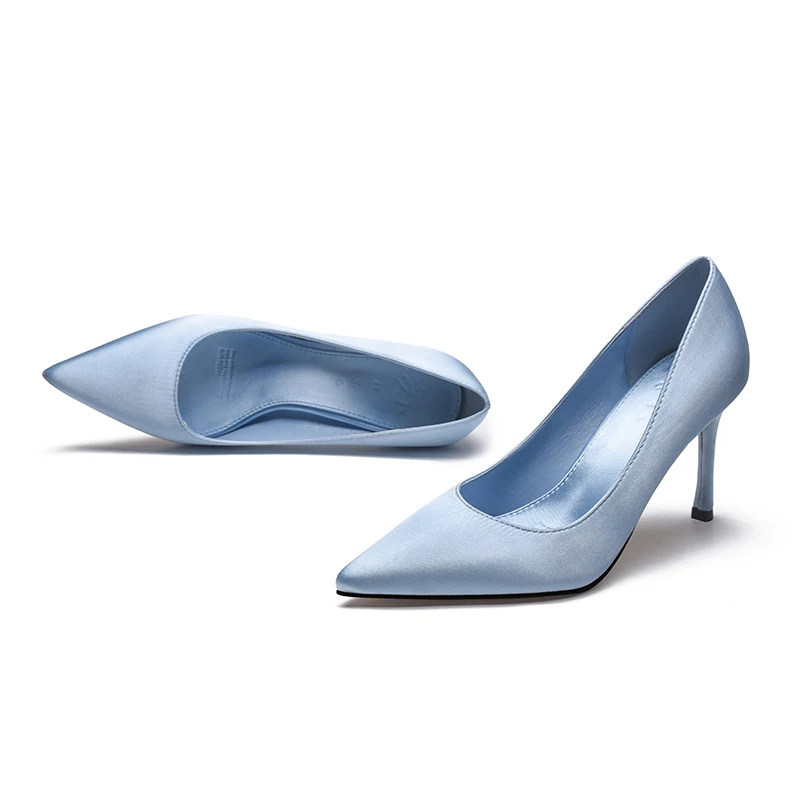 

Satin Shoes Women 9cm High Heel Higher Quality New Office Lady Spring 2023 Sky Blue Thin Heel Shallow Mouth Pointed Toe Pumps