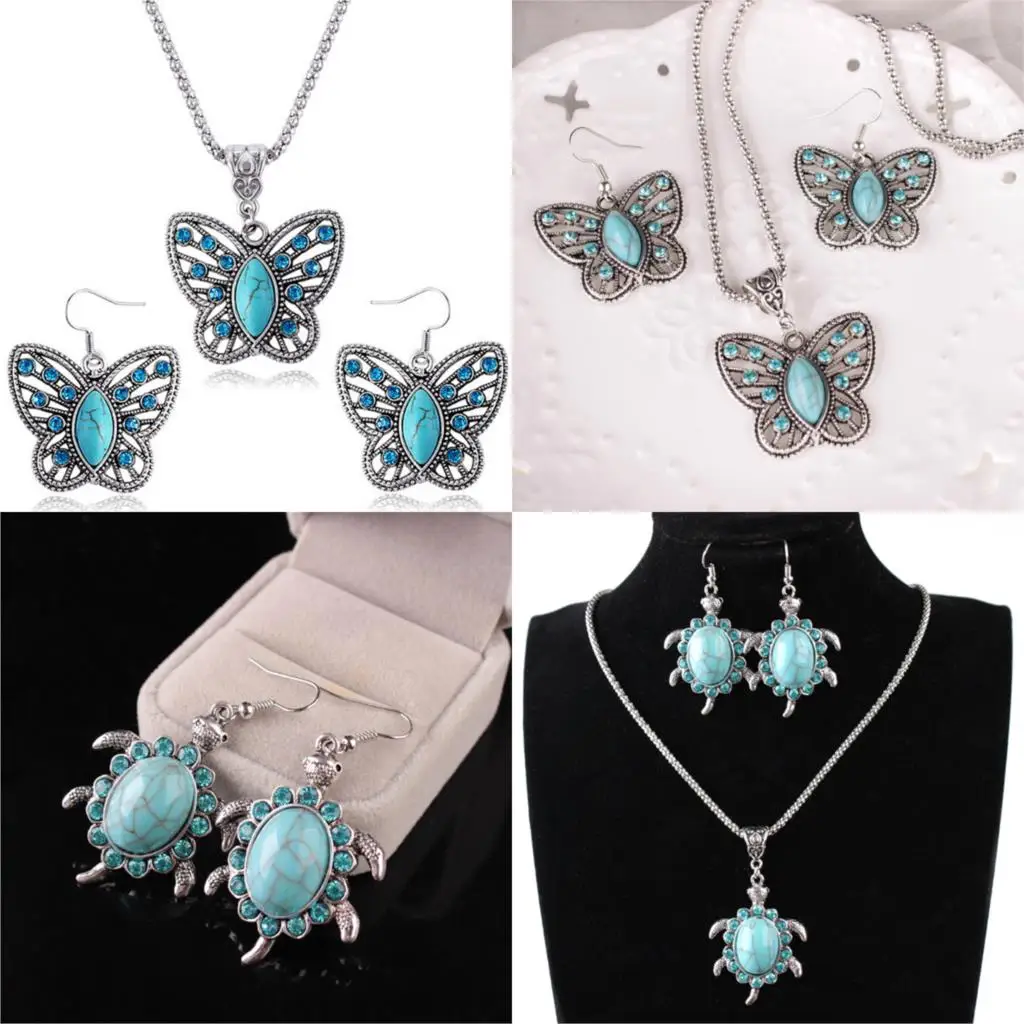 

Vintage Earrings Necklaces Butterfly Turtle Crystal Jewelry Sets For Women Elegant Necklace Pendant Earrings Anniversary Gift