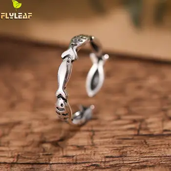 

925 Sterling Silver Retro Small Fish Open Rings For Women Do The Old Lady Girl Vintage Jewelry Accessory Flyleaf