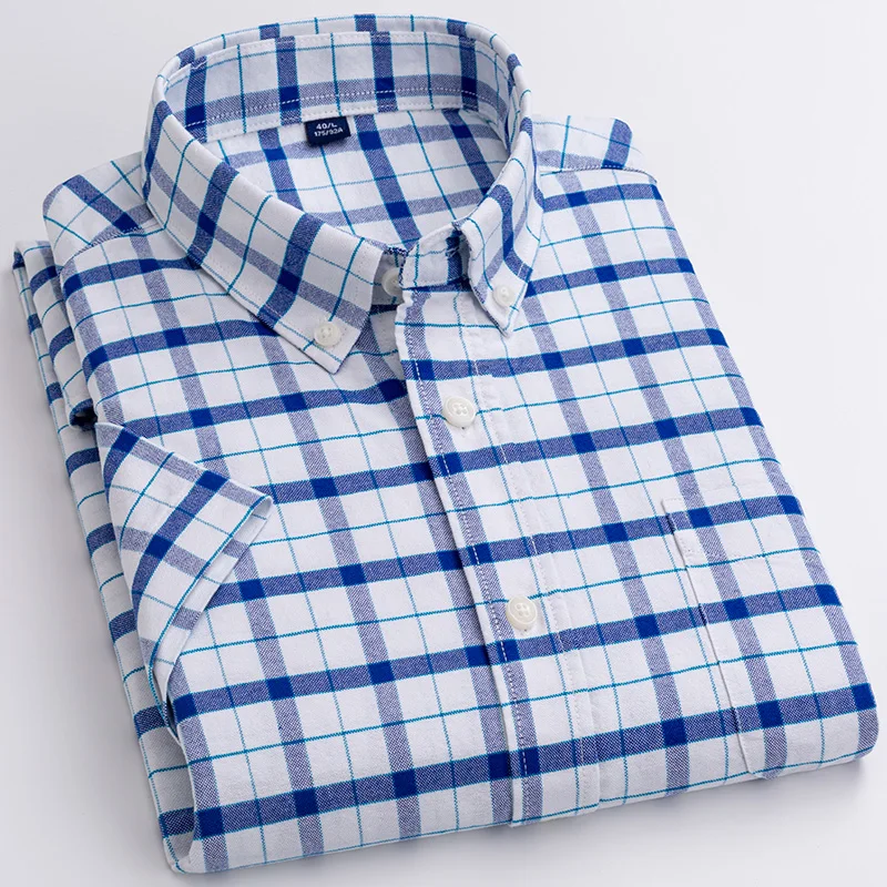Thin Soft Washed Cotton Leisure Mens' Short-Sleeved Plaid Shirts Casual Front Pocket Slim Fit Business Male Tops Gift for Boys Thin Soft Washed Cotton Leisure Mens' Short-Sleeved Plaid Shirts Casual Front Pocket Slim Fit Business Male Tops Gift for Boys