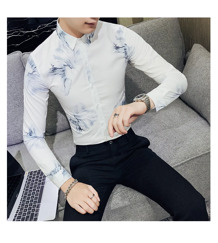Camisa/Мужская рубашка с цветочным принтом и длинными рукавами; рубашка с цветочным принтом; мужская одежда в городском стиле для мужчин; Клубные вечерние рубашки для свадьбы; мужская рубашка