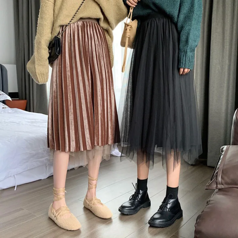 Женская фатиновая юбка миди с эластичным поясом 2 стиля Корейская бархатная