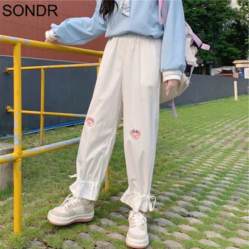 

Japanese Kawaii Corduroy Pants Women Harajuku Soft Girl Wild Casual Straight Cropped Pants New Cute Bear Embroidery Ruffle Pants