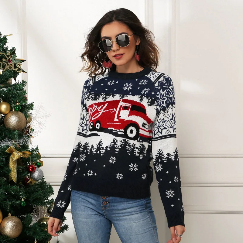 

Women's Ugly Sweaters Autumn Winter Female's Long Sleeves Loose Snowflake Trucks Jacquard Fashion Knit Pullover Shirts Jumpers