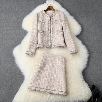 

HIGH QUALITY Winter Fashion 2020 Designer Runway Suit Set Women's Beading Fringed Tweed Jacket Skirt Set