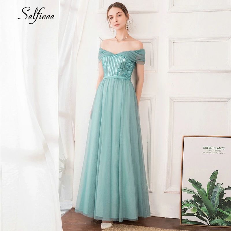 

Elegant Women Dress Sequined Off The Shoulder A-Line V-Neck Tulle Sexy Maxi Dress New Fashion Long Party Dress Robe Femme 2019