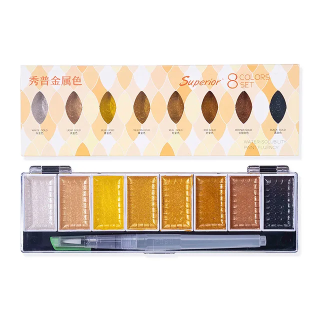 

Superior 5/8Color Metallic Pearl Watercolor Pigment Set Gold Paint With Waterbrush for Artist Painting Drawing Watercolor Paper